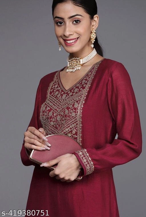 Silk Blend Embroidered Kurti for Women (Maroon, XS)