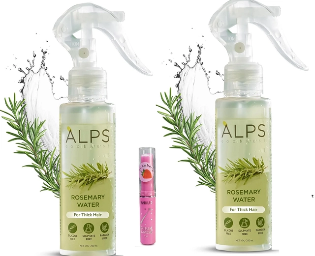 Combo of 2 Pcs Alps Goodness Rosemary Water Hair Spray for Thick Hair (200 ml) & Strawberry Lip Balm (Set of 3)