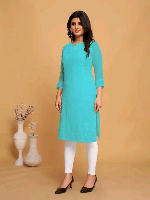 Georgette Chikankari Kurti for Women (Aqua Blue, M)