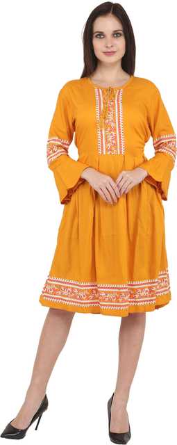 Stylish New Cotton Rayon Blend Women Printed Dress (Yellow, XL) (ITN-90)