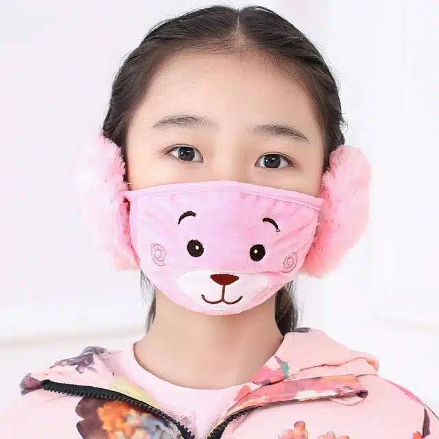 Soft Plush Face Mask with Earmuffs for Kids (Pink, 5-13 Years)