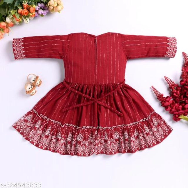 Cotton Embroidered Frock for Girls (Maroon, 1-2 Years)