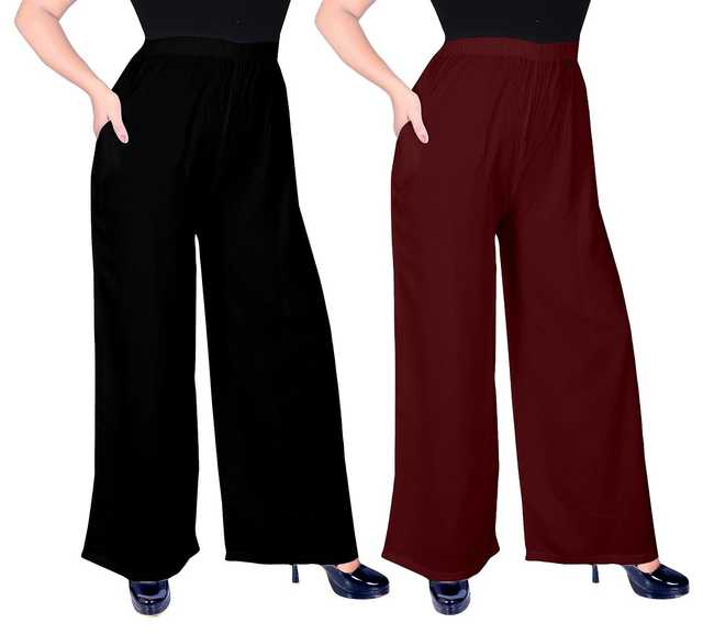 Mevaba Casual Viscose Blend Women Solid Palazzo (Pack Of 2, Black & Maroon ) (SS-232)