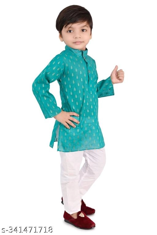 Cotton Blend Printed Kurta with Pyjama for Boys (Turquoise & White, 0-3 Months)