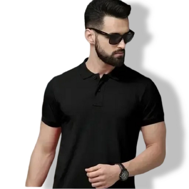 Polo Neck Solid T-Shirt for Men (Black, M)