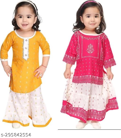 Rayon Kurta Set for Girls (Multicolor, 0-3 Months) (Pack of 2)