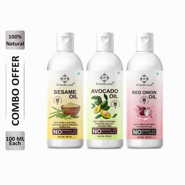 PuriFlame Pure Sesame Oil (100 ml) & Avocado Oil (100 ml) & Red Onion Oil (100 ml) Combo For Rapid Hair Growth (Pack Of 3) (B-7448)