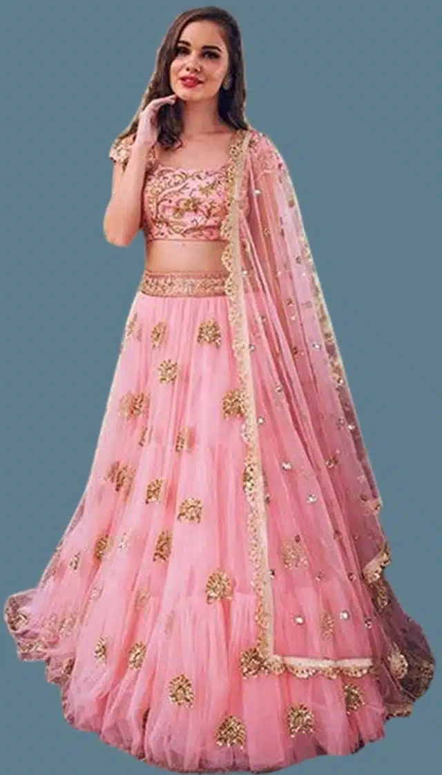 Net Embroidred Semi Stiched Lehenga Choli for Women (Pink)