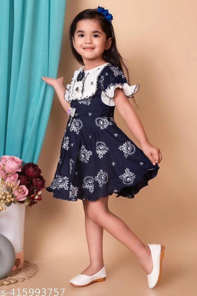 Cotton Printed Frock for Girls (Navy Blue, 1-2 Years)