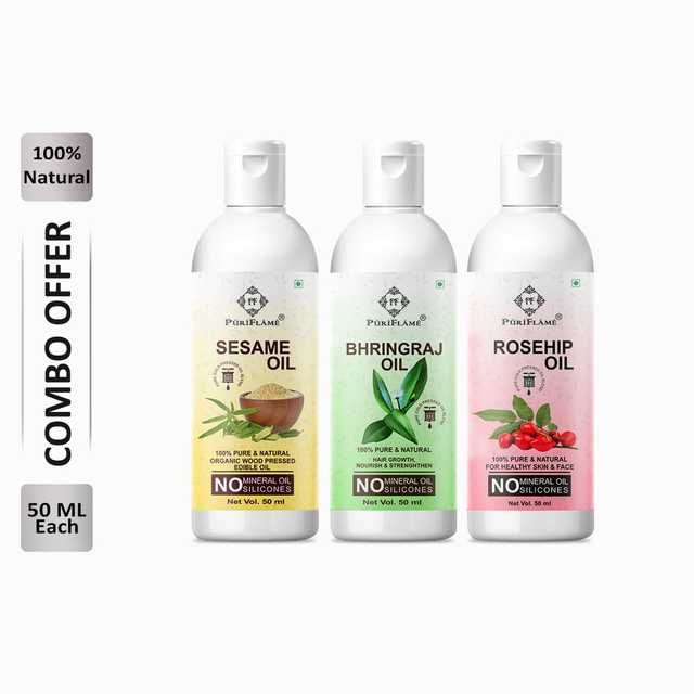 Puriflame Pure Sesame Oil (50 ml), Bhringraj Oil (50 ml) & Rosehip Oil (50 ml) Combo for Rapid Hair Growth (Pack Of 3) (B-13556)
