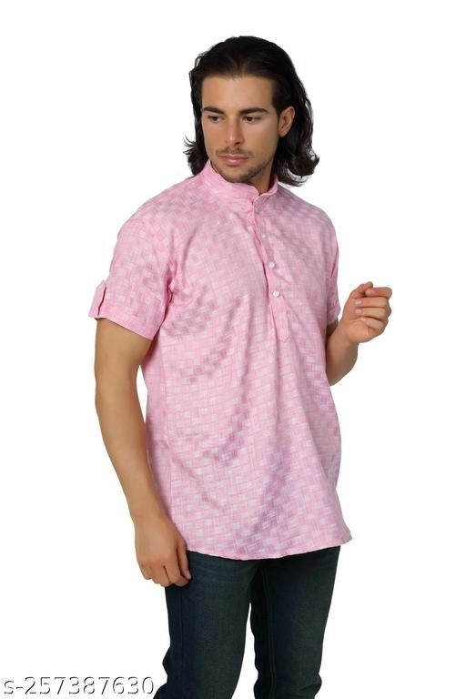 Cotton Blend Printed Short Kurta for Men (Pink, S)