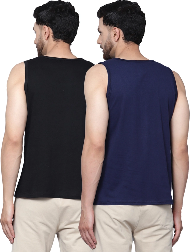 Cotton Blend Printed Vest for Men (Black & Navy Blue, M) (Pack of 2)