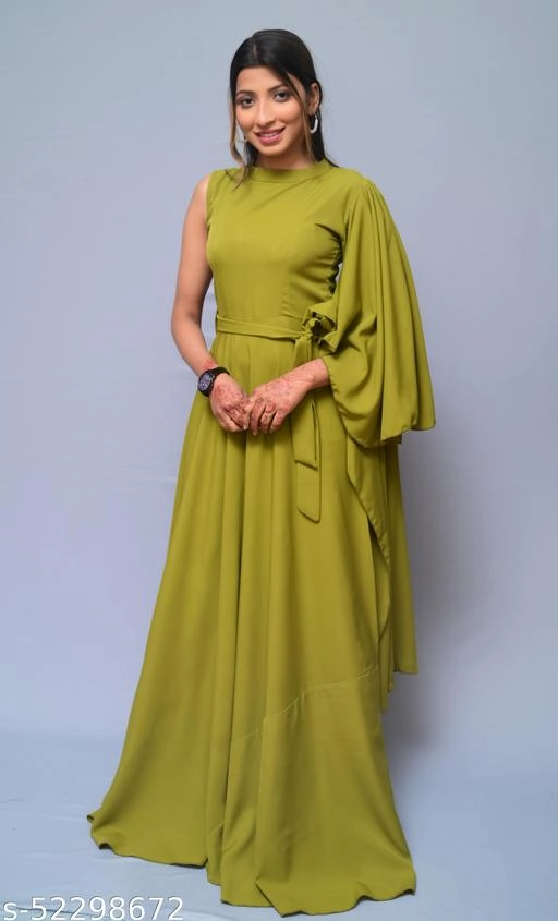 Crepe Solid Gown for Women (Olive, XS)