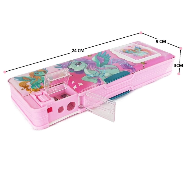 MINDFIT Unicorn Calculator Geometry Pencil Box with Magnetic Lock Dual Pencil Sharpener Geometry Box (Pink, Pack of 1)