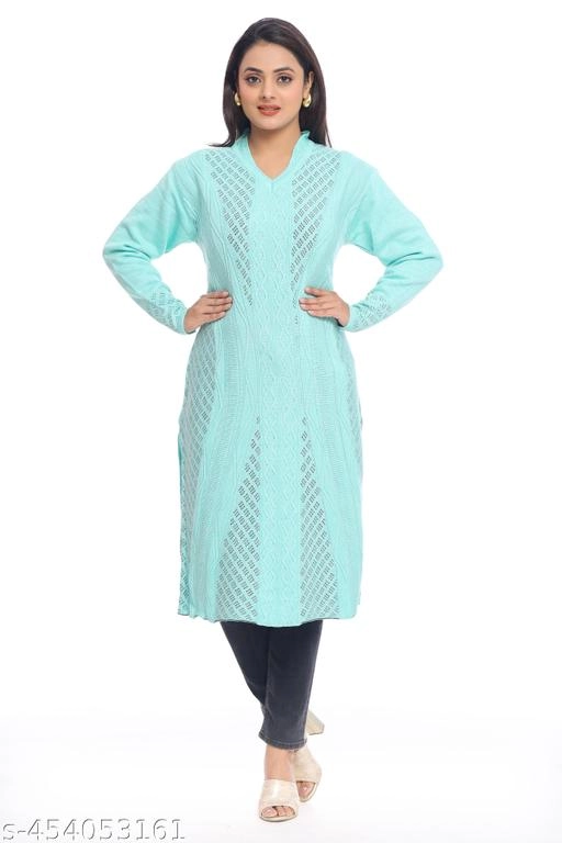 Woolen Printed Kurti for Women (Sky Blue, L)