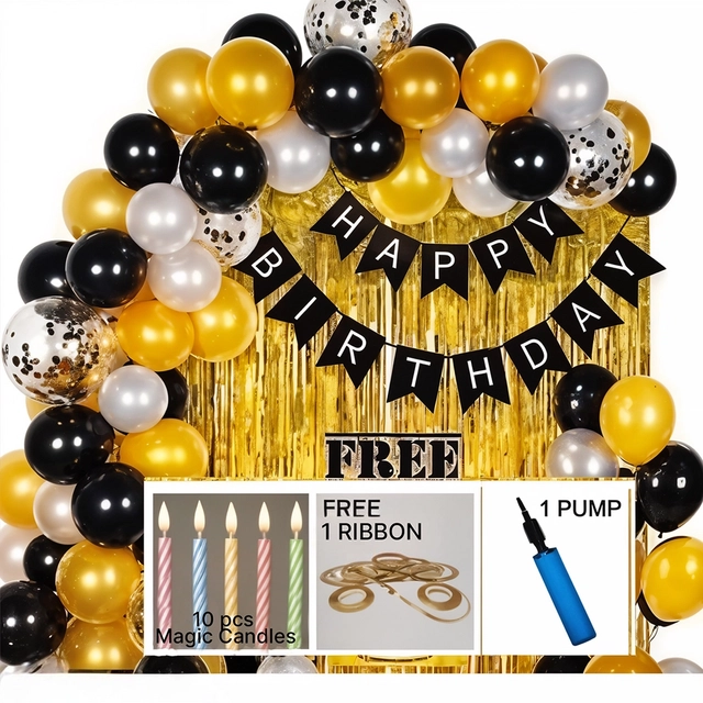 Happy Birthday Combo Kit with Happy Birthday Black Banner + 2 Golden Curtain + Golden Black And silver Hd Metallic Balloon Pack Of 30 + And Megic Candle+Ribben+Pump Free For Decoration Item (Kit 35 pcs)