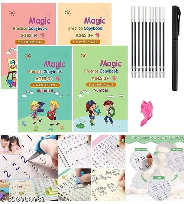 Combo of Magic Practice Copy Books (4 Pcs) with 10 Pcs Refilss, Pen & Grip for Kids (Set of 4)