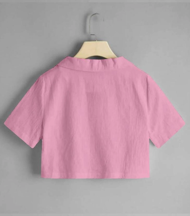 Half Sleeves Solid Crop Shirt for Women (Pink, S)