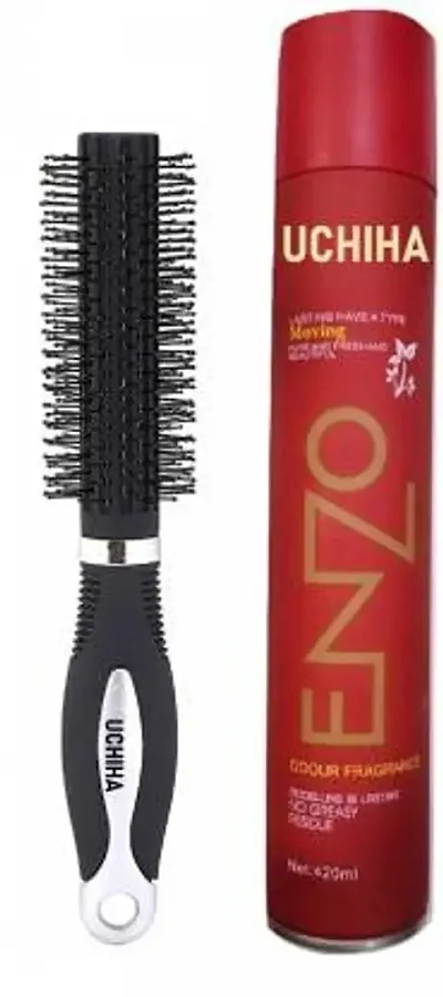 Combo of Enzo Keratin Long Lasting Hair Spray (420 ml) with Dryer & Roller Brush (Multicolor, Set of 3)