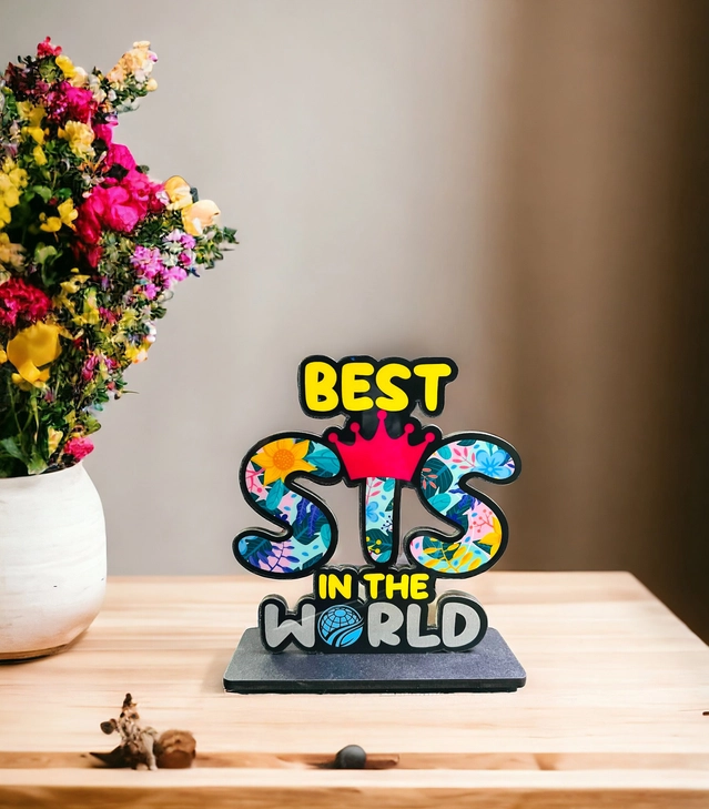 Wooden Handcrafted Best Sis In The World Trophy Gifts (Multicolor, 14.5 cm)