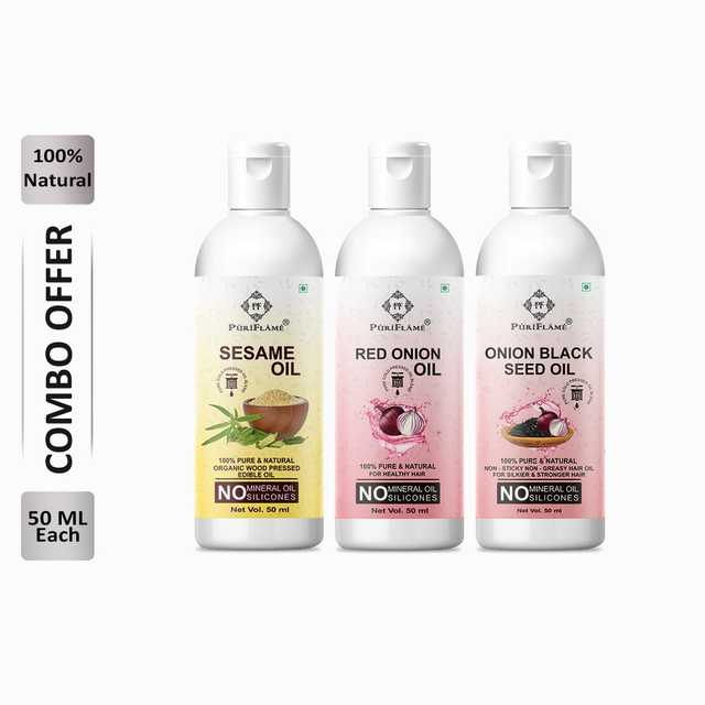 Puriflame Pure Sesame Oil (50 ml), Red Onion Oil (50 ml) & Onion Black Seed Oil (50 ml) Combo for Rapid Hair Growth (Pack Of 3) (B-13759)