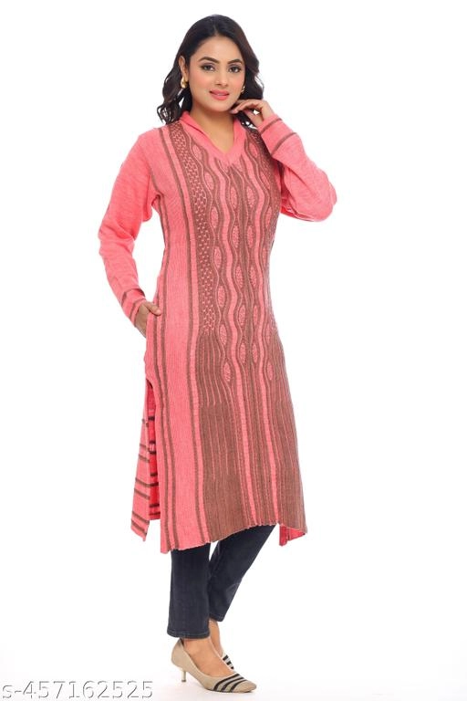 Woolen Printed Kurti for Women (Pink, L)