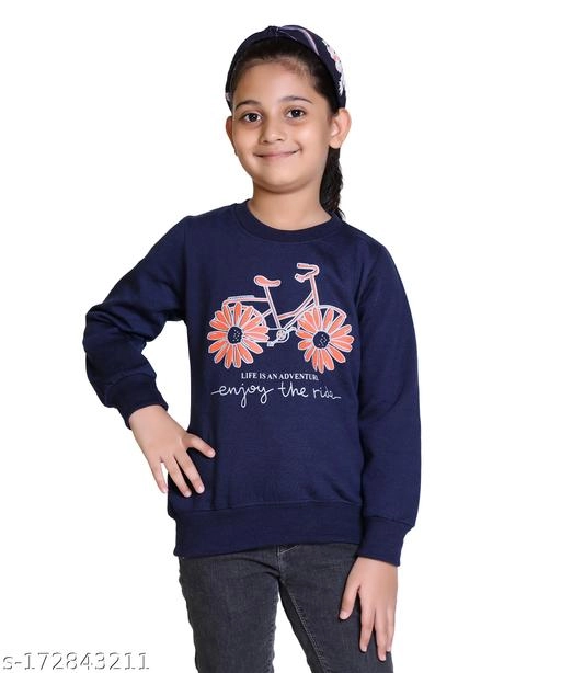 Woolen Printed Sweatshirt for Girls (Navy Blue, 12-18 Months)