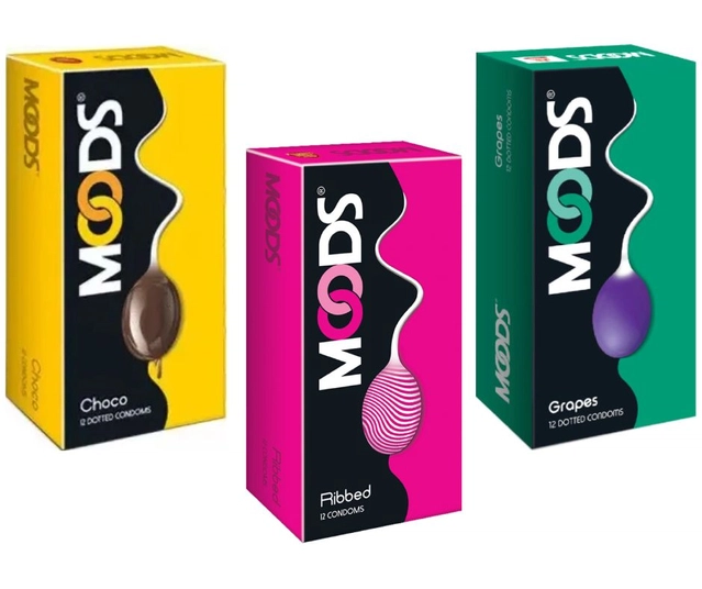 Moods Grapes with Ribbed & Choco 12 Pcs Dotted Condoms for Men (Set of 3)