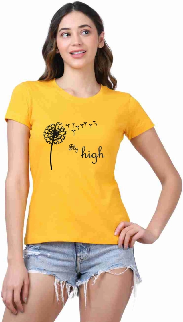 Round Neck Printed T-Shirt for Women (Yellow, S)