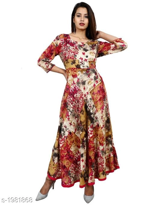 Rayon Printed Anarkali Kurti for Women (Multicolor, M)