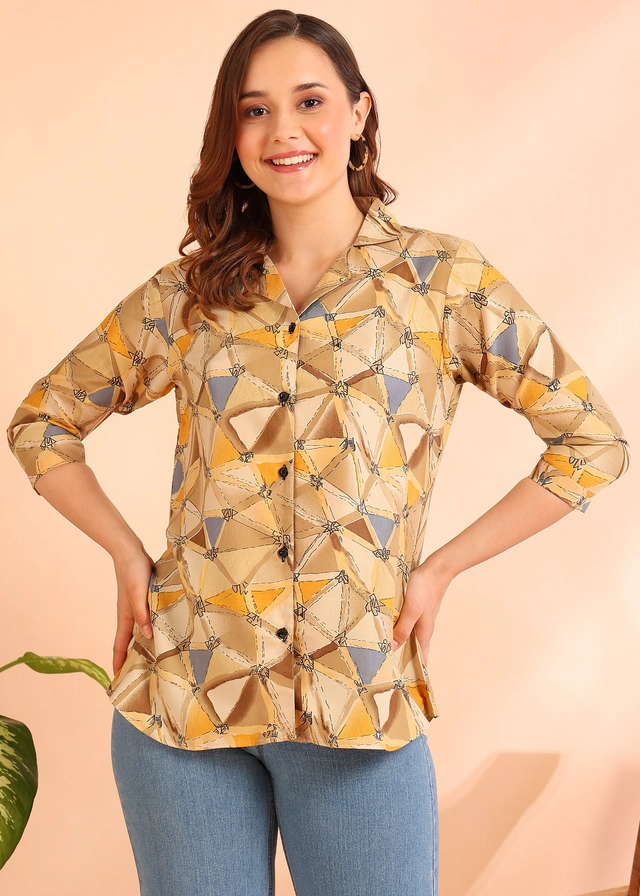 Three Quarter Sleeves Printed Shirt for Women (Mustard, S)