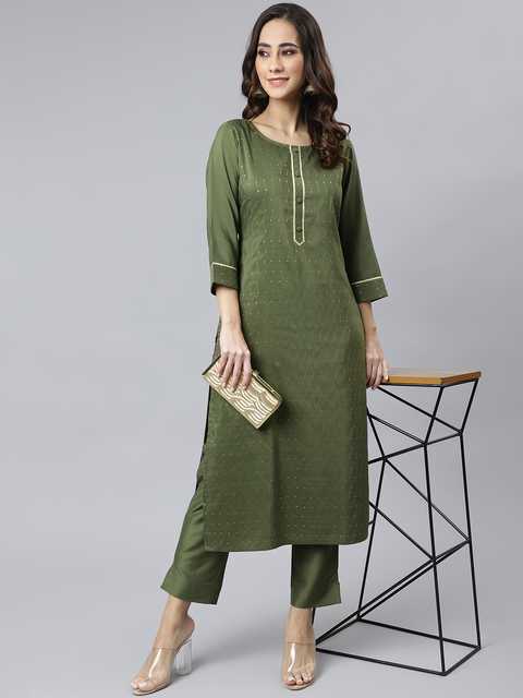 Premium Elegant Poly Silk Women Sequined Kurta With Pant (Olive Green, L) (TB-499)