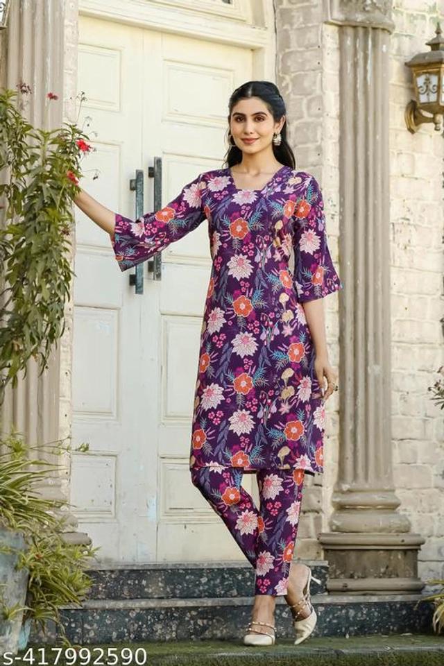 Rayon Printed Kurti with Pant for Women (Purple, S)