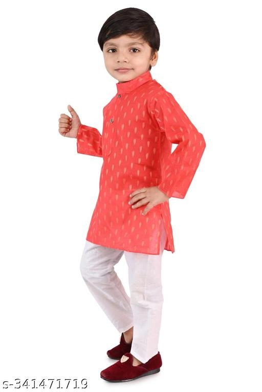 Cotton Blend Printed Kurta with Pyjama for Boys (Pink & White, 0-3 Months)