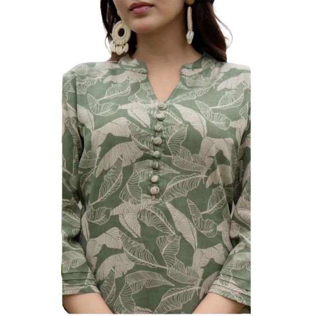 Rayon Printed Ethnic Top & Bottom Set for Women (Green & White, M)