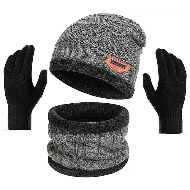 Woolen Cap with Neck Warmer & Gloves for Men & Women (Grey & Black, Set of 2)