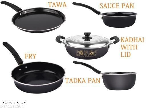 Combo of Sauce Pan, Tadka Pan, Fry Pan, Tawa & Kadai with Lid (Black, Set of 5)