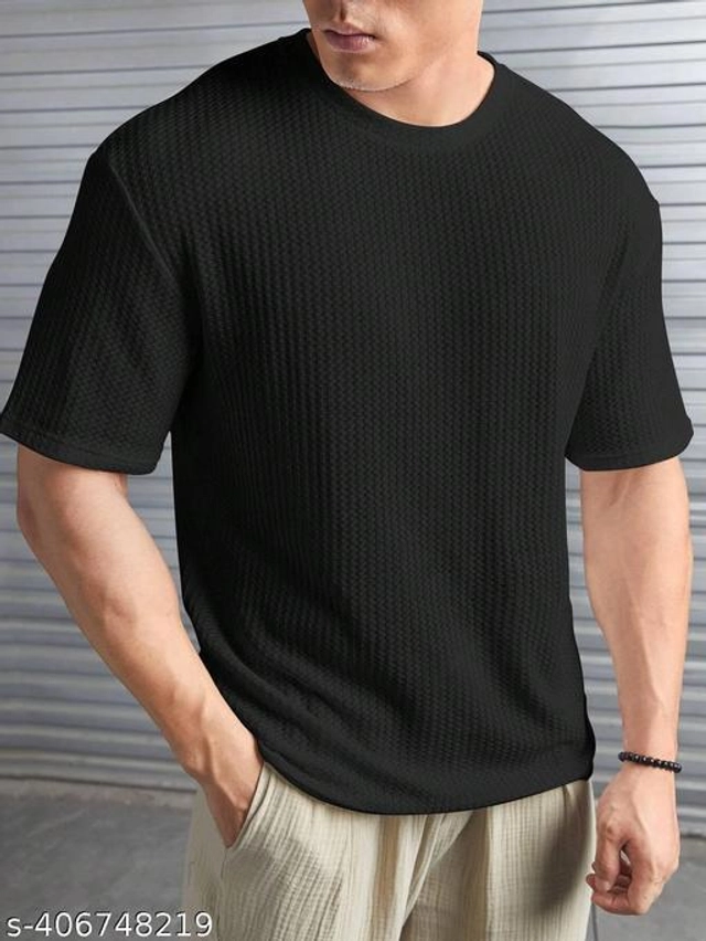 Round Neck Solid T-Shirt for Men (Black, S)