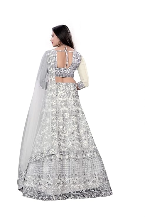 Net Printed Semi-Stitched Lehenga Choli with Dupatta for Women (Grey & White, Free Size)