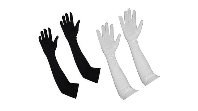 Cotton Solid Full Hand Gloves for Men & Women (Black & White, Set of 2)