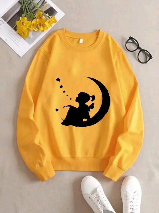 Fleece Printed Full Sleeves Sweatshirt for Women & Girls (Mustard, S)