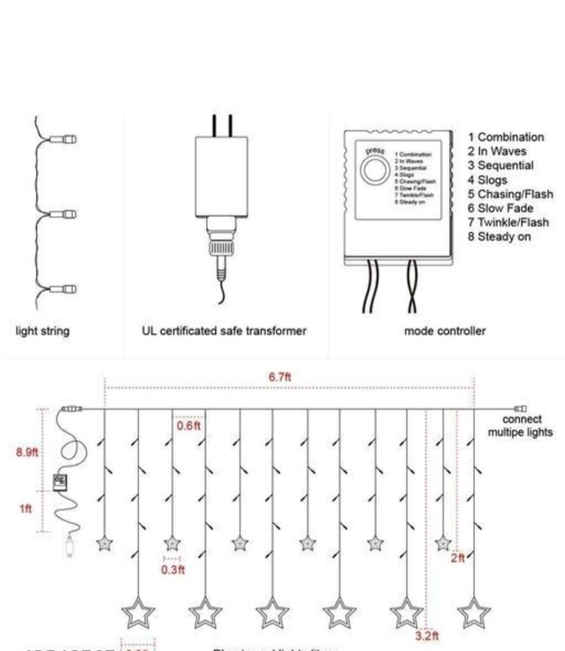 6 Big and 6 Small Star String Light Curtain (Multicolor)