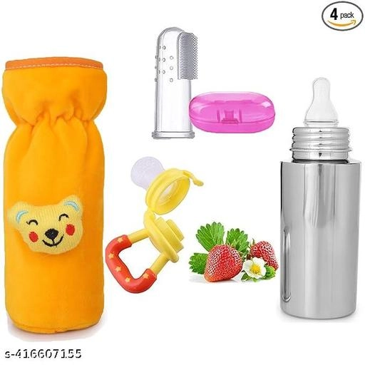 Combo of Bottle Cover, Finger Brush, Fruit Nibbler & Milk Bottle (400 ml) for Baby (Multicolor, Set of 4)