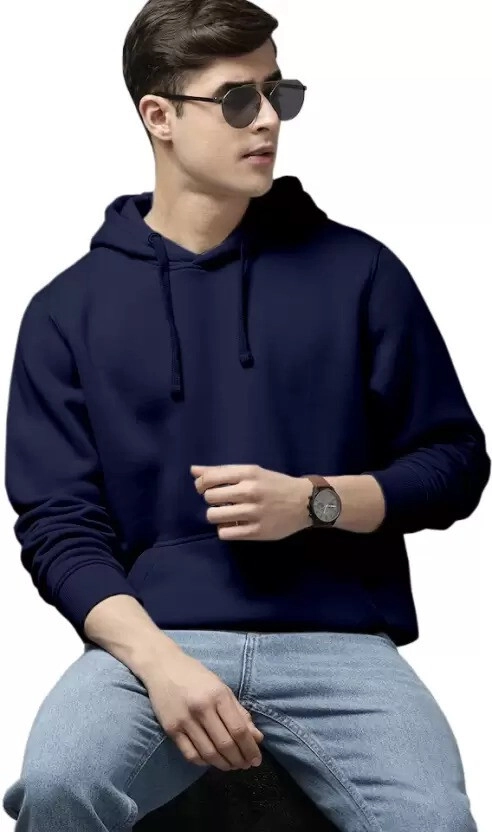 Cotton Blend Solid Hoodie for Men (Blue, M)