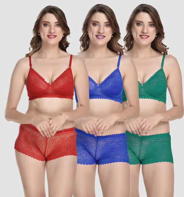 Women's Bra and Panty Set (Multicolour, 38) (Set of 3) (F-2146)