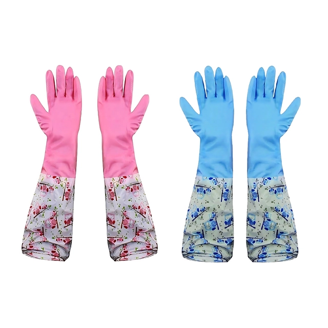 PVC Latex Kitchen Dishwashing Cleaning Gloves (Multicolor, Set of 2)