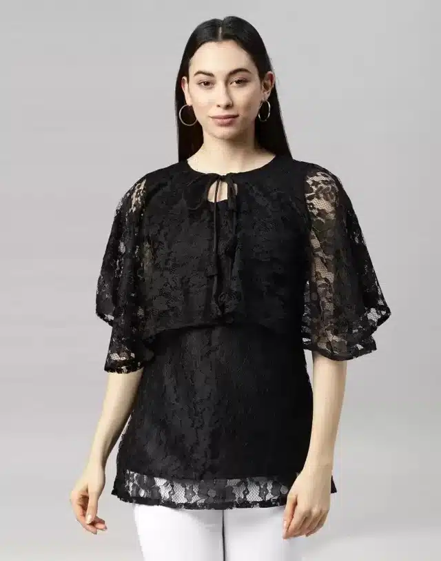 Lace Top for Women (Black, XL)