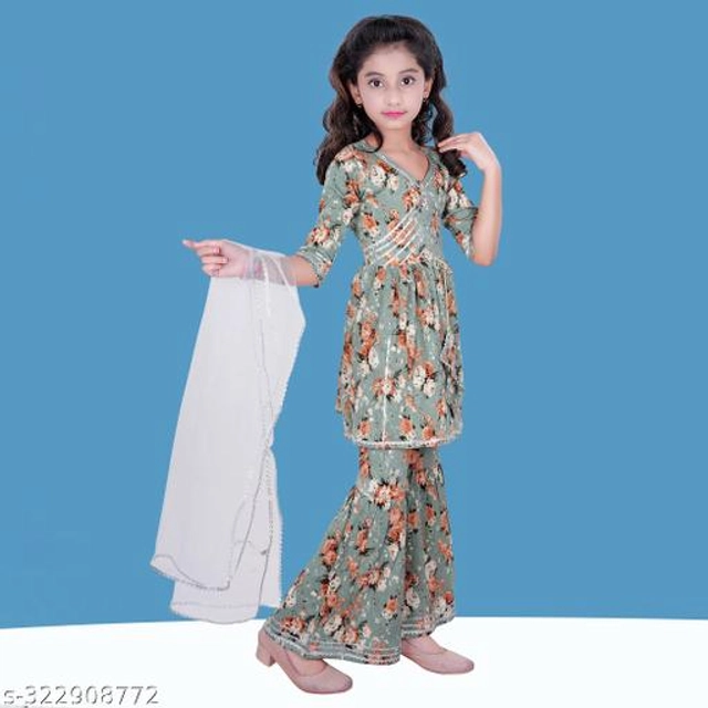 Dupion Silk Kurta Sets for Girls ( Green, 2-3 Years)