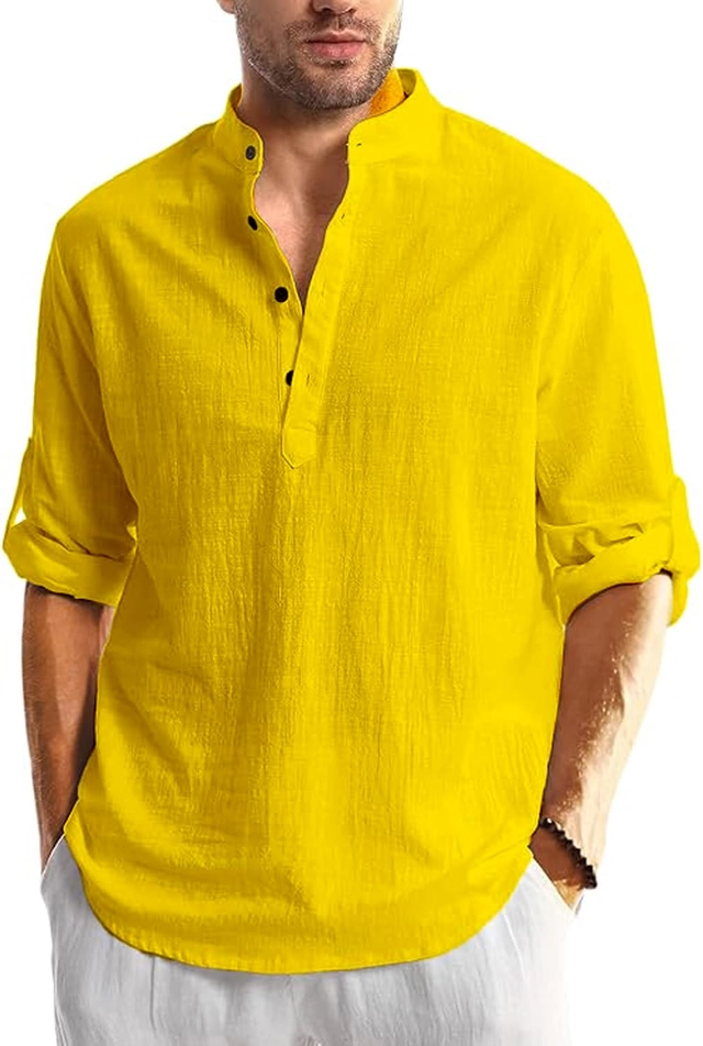 Cotton Solid Kurta for Men (Yellow, S)