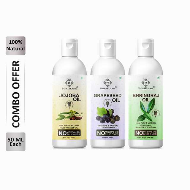 Puriflame Pure Jojoba Oil (50 ml), Grapeseed Oil (50 ml) & Bhringraj Oil (50 ml) Combo for Rapid Hair Growth (Pack of 3) (B-11487)
